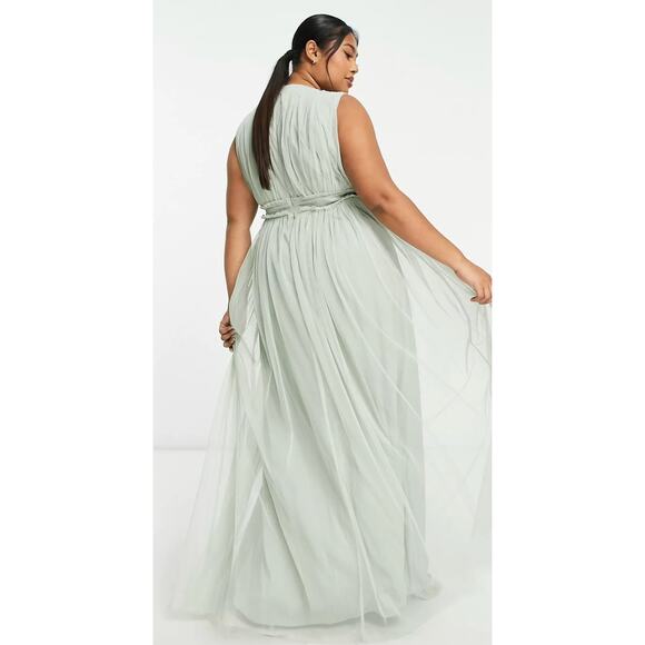 Anaya Bridesmaid V Neck Ruffle Waist Maxi Dress Sage Green Womens Plus Size 18 - Picture 2 of 12